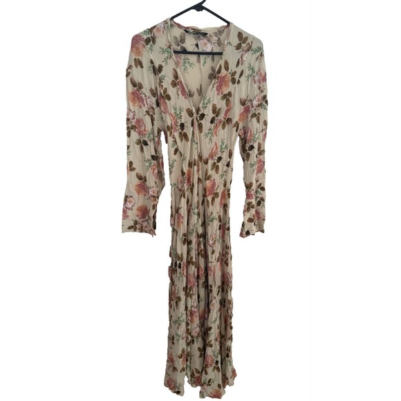Zara Cream Floral Print Maxi Dress Women Size S Long Sleeve Romantic Flowy Boho - Picture 4 of 16